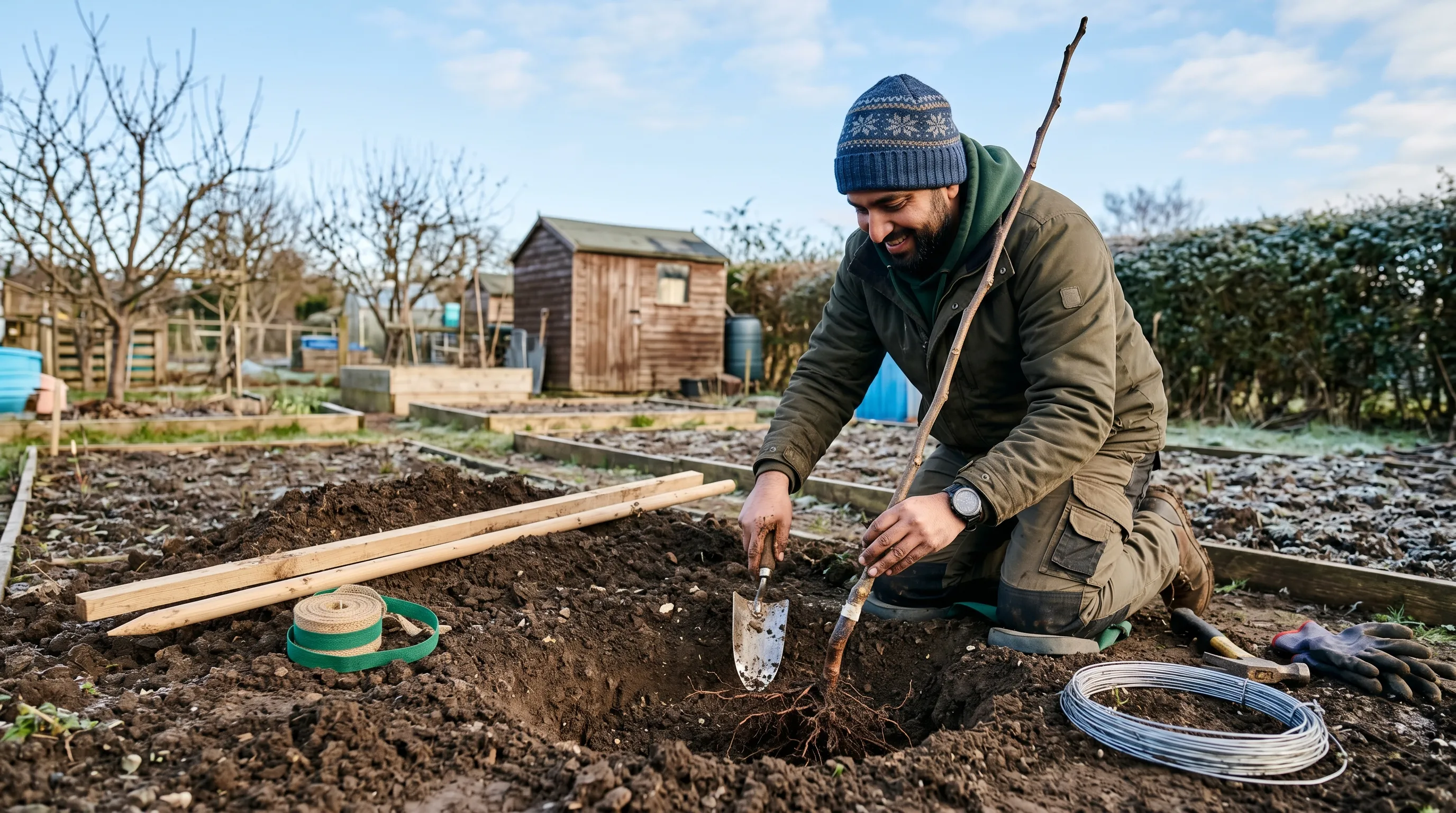 A UK gardener of Pakistani heritage in his thirties planting a young grafted Broadview walnut tree in a wide hole on a sunny February morning with stakes and tree ties ready alongside