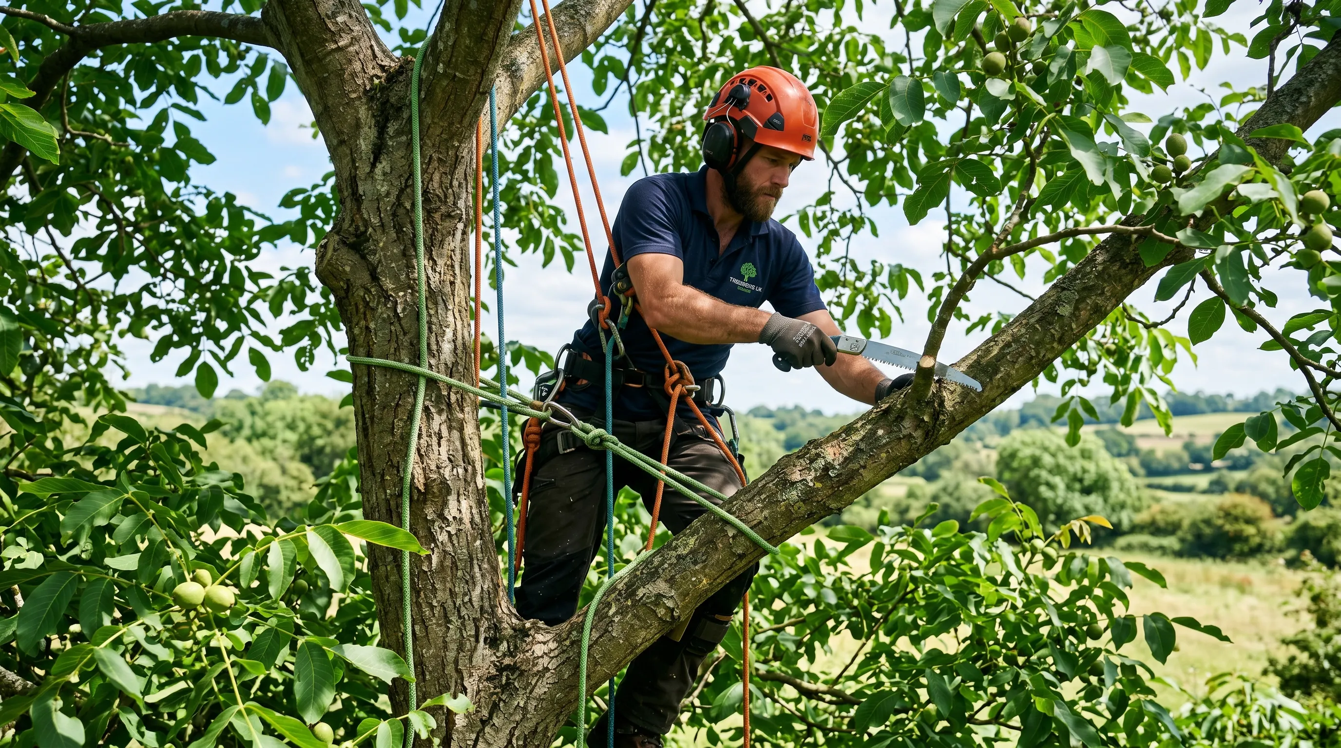 A UK arborist climbing a 12-year-old walnut tree in mid-July to thin internal branches with a hand saw and rope harness in sunny weather