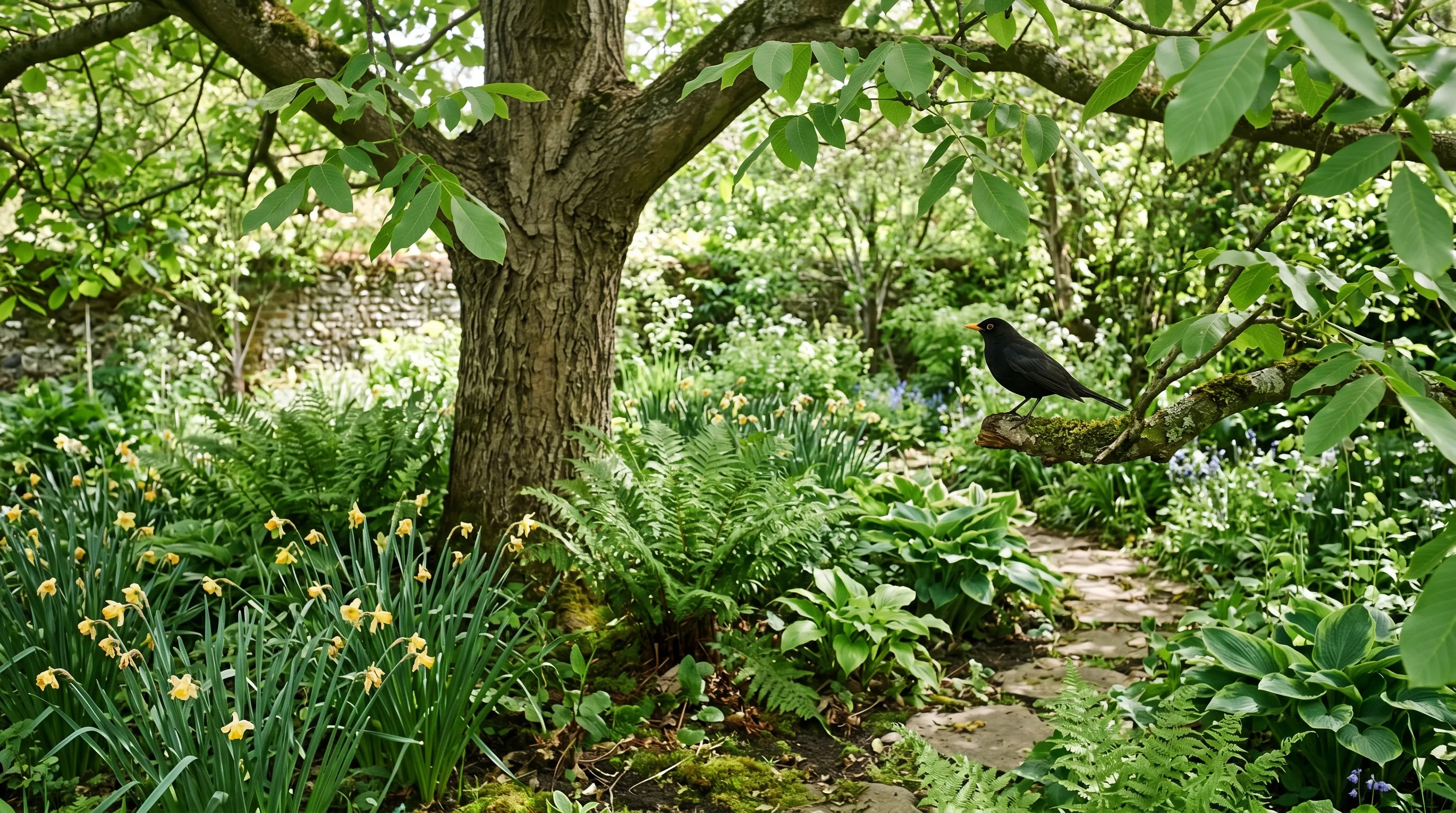 A UK garden scene under a mature walnut tree in early summer with naturalised daffodils ferns and hostas thriving in the dappled shade and a blackbird perched on a low branch