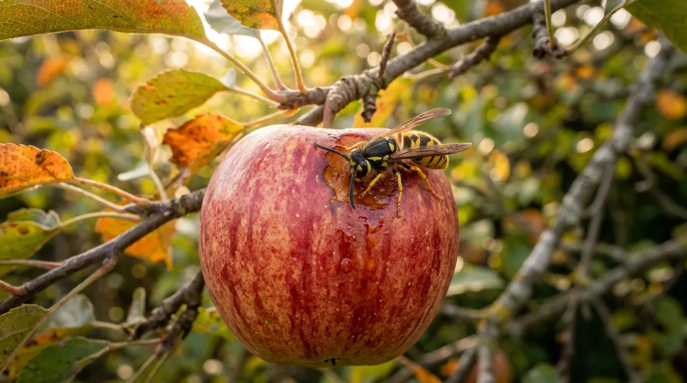 Wasps garden beneficial insects feeding on a ripe apple in a UK orchard in autumn golden light