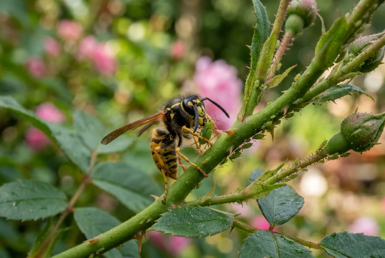 Wasps garden beneficial pest control behaviour hunting aphids on a rose stem in a UK garden border