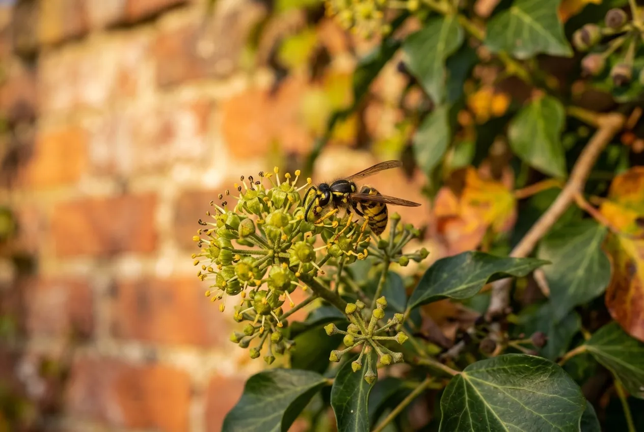 Wasps garden beneficial pollination of ivy flowers on an old brick wall in autumn golden light