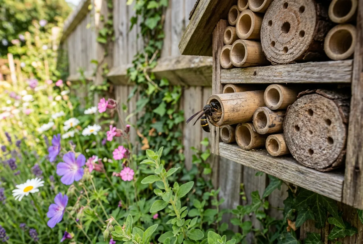 Wasps garden beneficial solitary mason wasp entering a bug hotel tube in a UK garden with wildflowers
