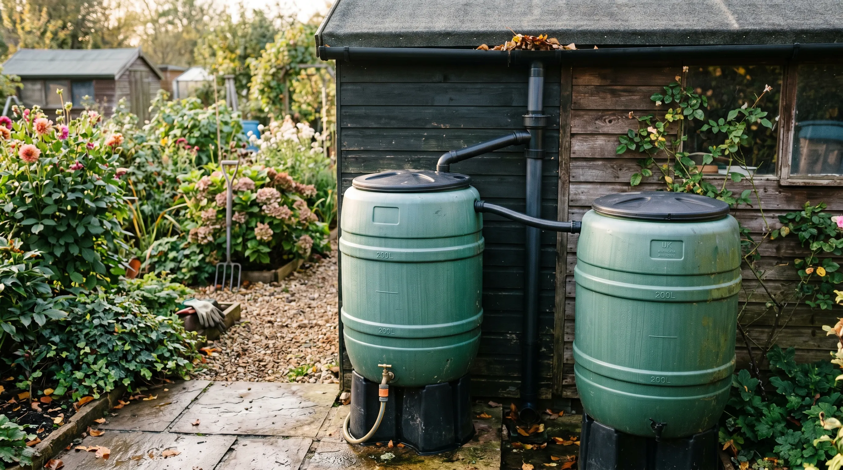 Two 200-litre water butts under the downpipe of a UK shed roof linked together with a filling kit, lids in place and a tap visible at the base of one butt