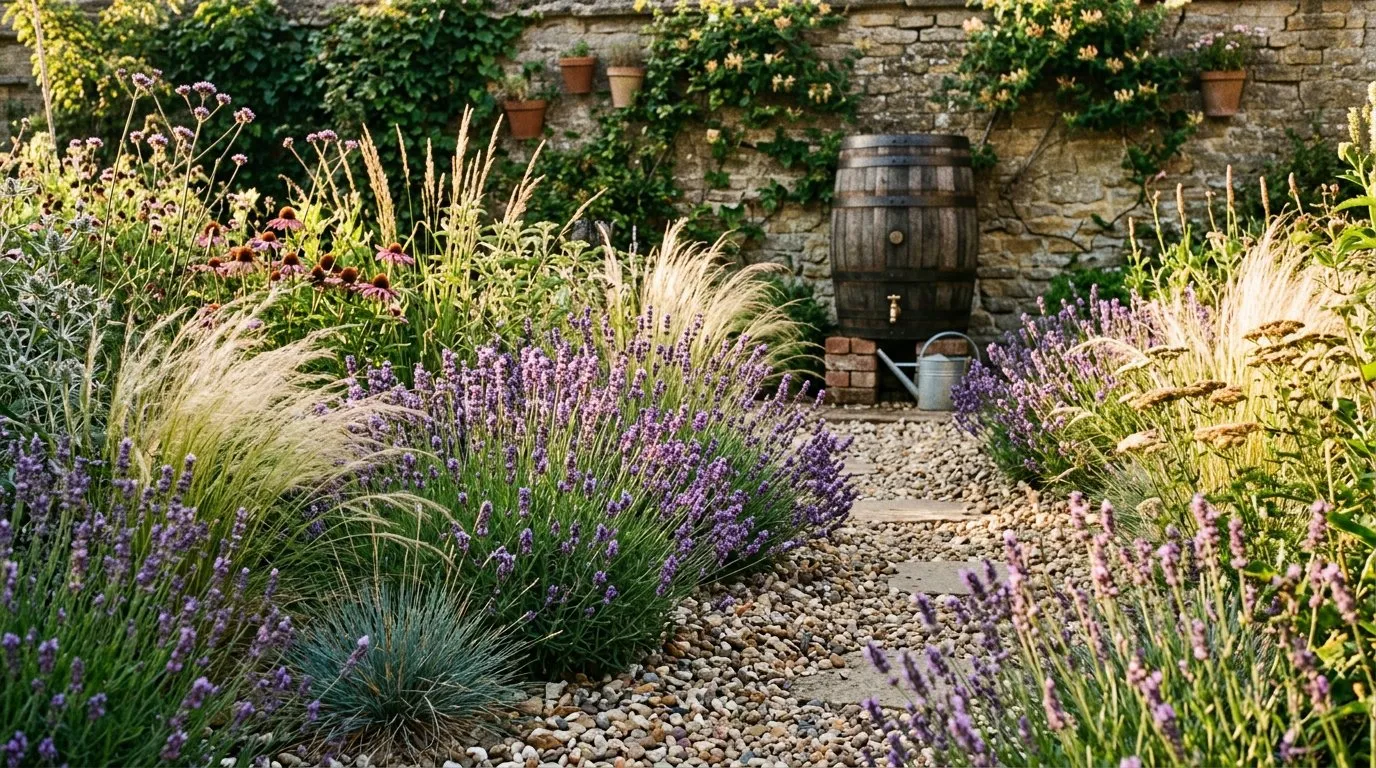 Drought-adapted UK garden border with lavender, ornamental grasses, and a water butt against a garden wall