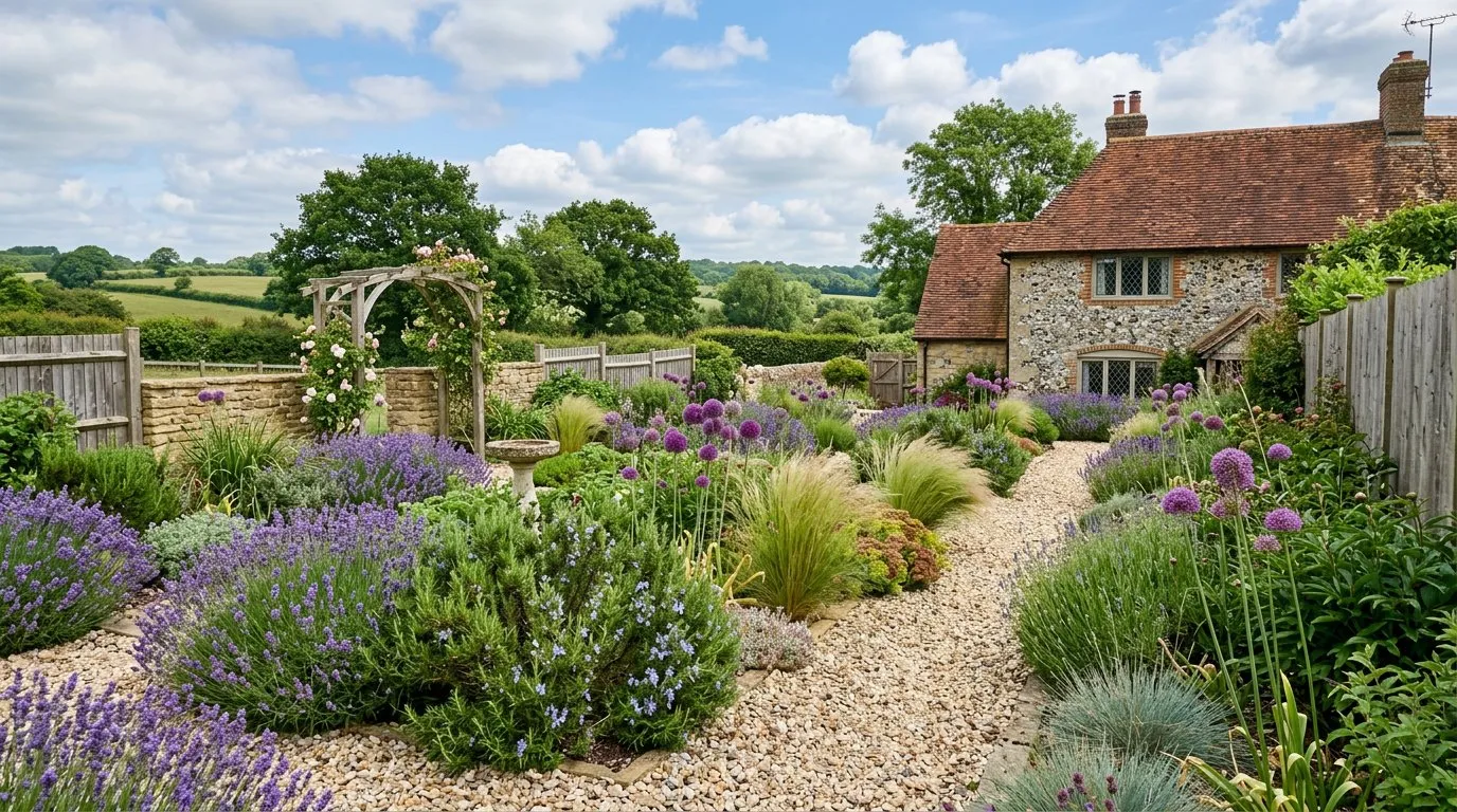 Water efficient dry gravel garden with Mediterranean-style lavender, rosemary, alliums, and ornamental grasses
