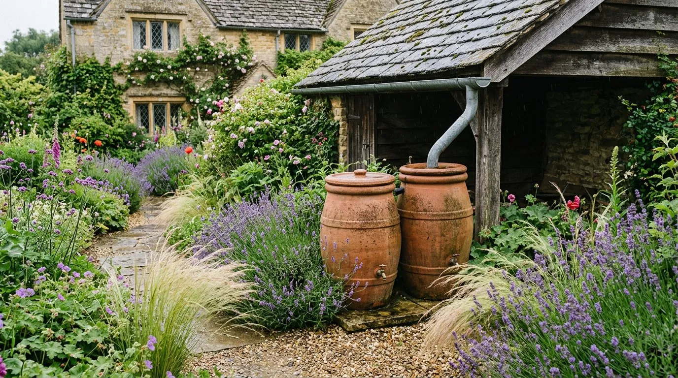 UK cottage garden with water butts collecting rainwater, surrounded by lavender and ornamental grasses