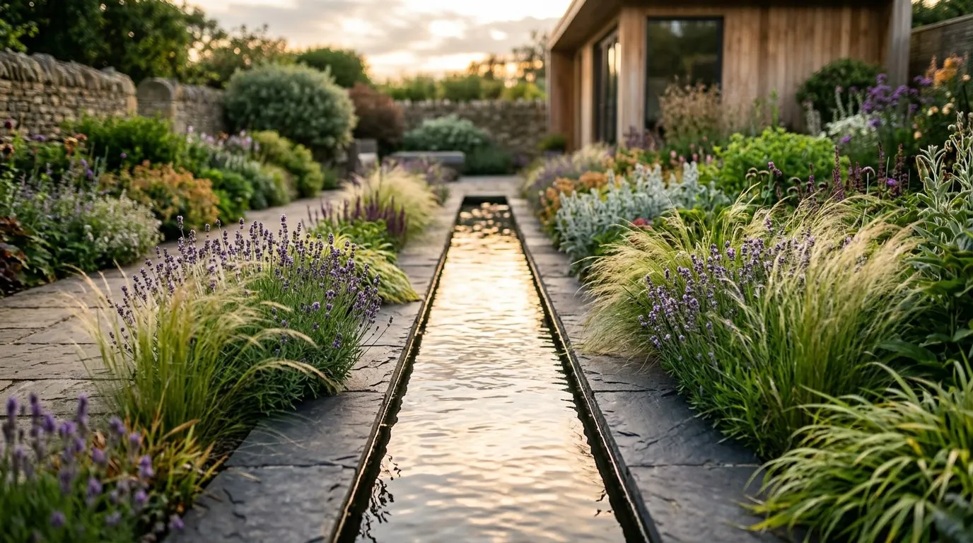 Formal slate water feature rill channel running through a contemporary UK garden with lavender and ornamental grasses on both sides