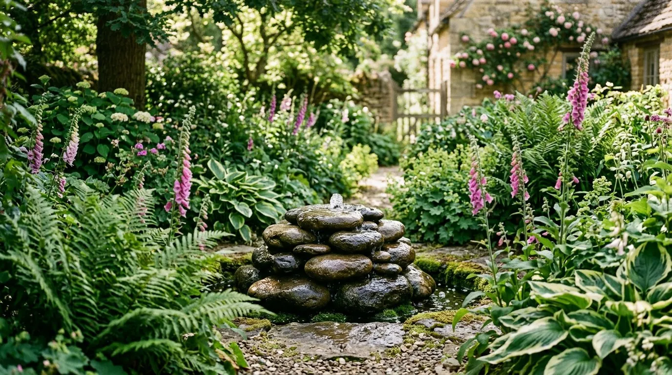 Self-contained stone pebble water feature bubbling through stacked river stones in a British cottage garden surrounded by ferns and foxgloves