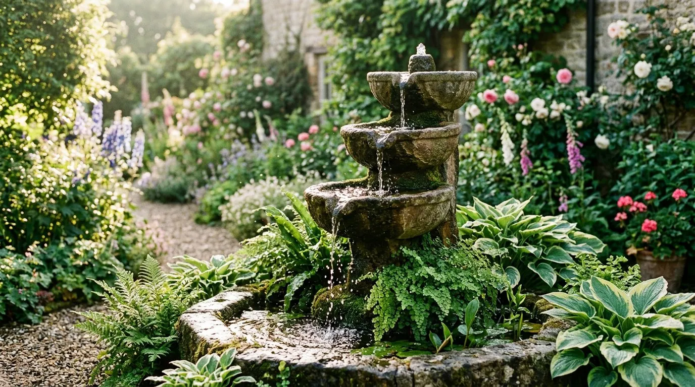 Tiered stone water feature in a British cottage garden surrounded by ferns and hostas
