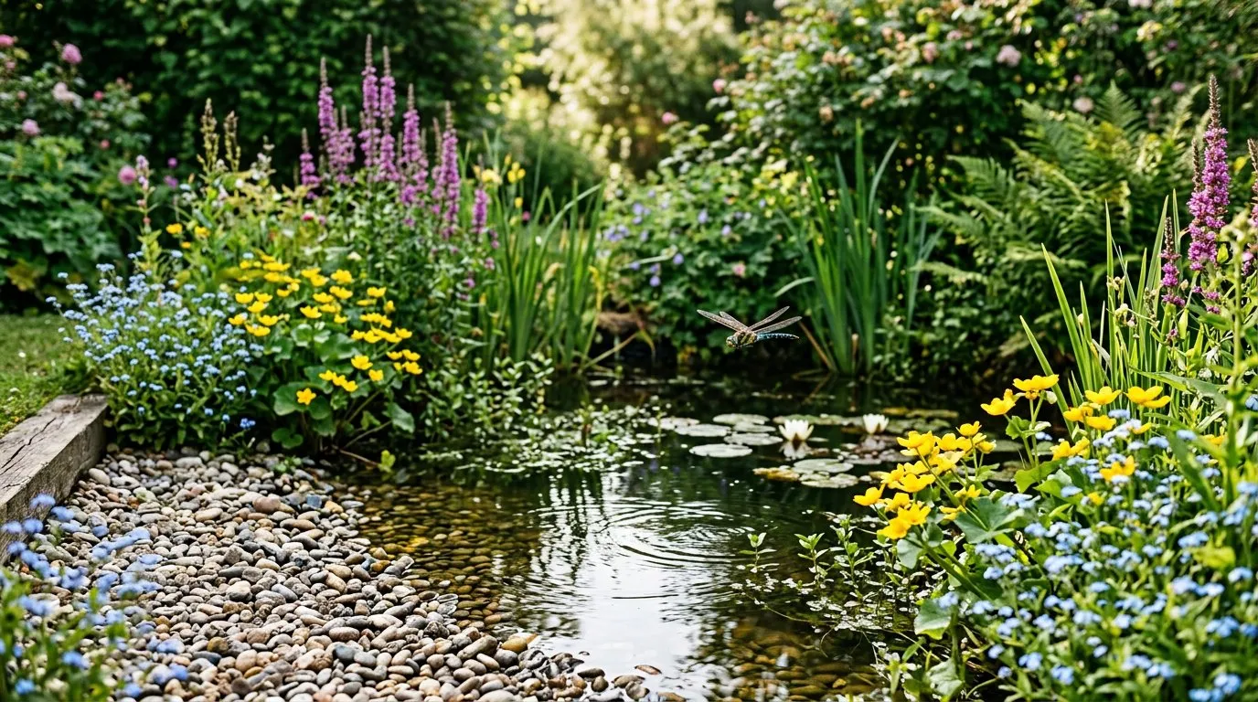 Wildlife pond water feature with marsh marigold, water forget-me-not, and a dragonfly hovering above the surface in an English garden