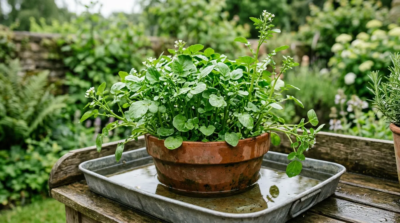 Watercress growing in a container stood in a tray of water