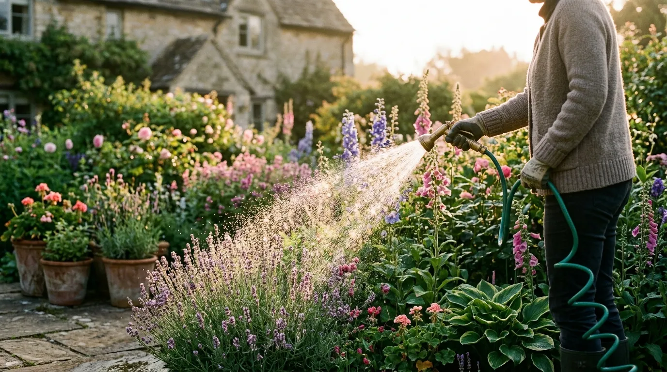 Early morning watering in a UK cottage garden with water droplets catching sunrise light