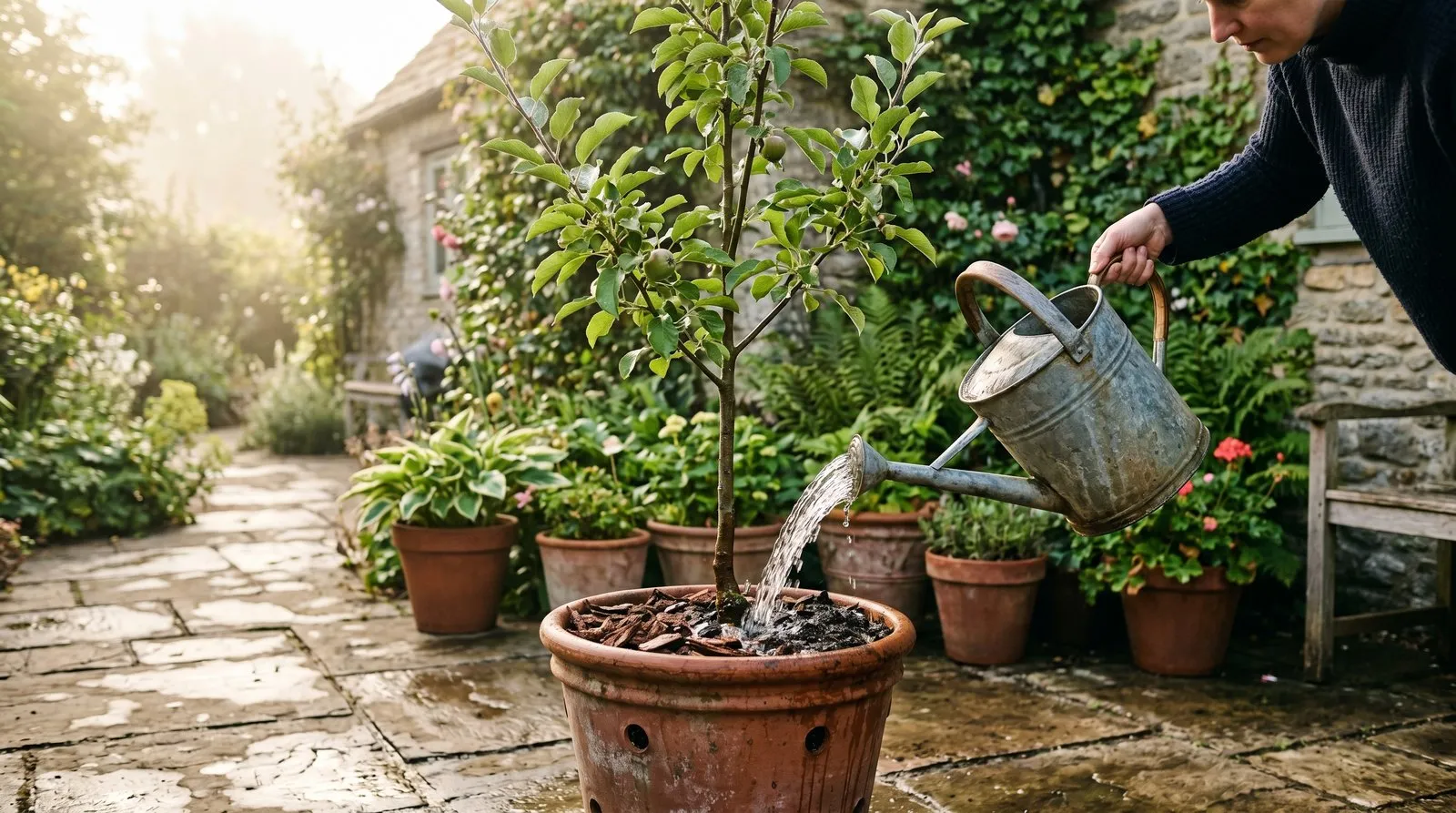 A watering can pouring water at the base of a young container-grown apple tree on a UK patio in early morning