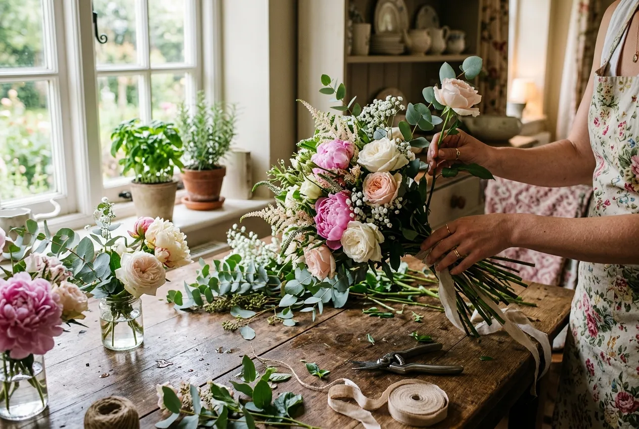 Wedding flowers bouquet arrangement with peonies roses and eucalyptus on a country kitchen table