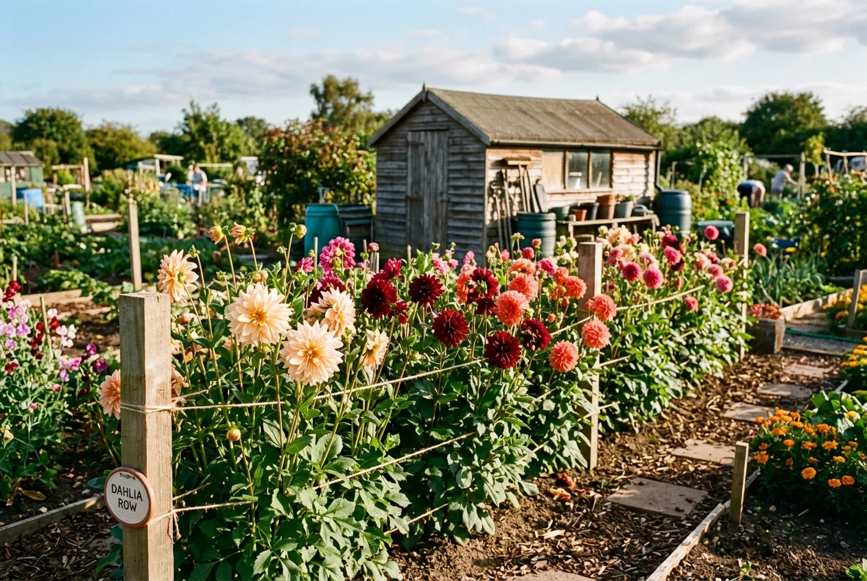 Wedding flowers dahlia row in a UK allotment cutting garden with cafe au lait and burgundy blooms