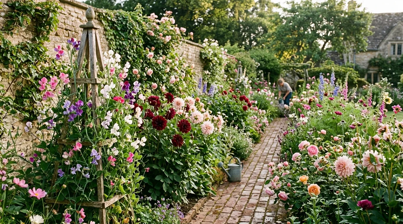 Wedding flowers growing in an English cutting garden with sweet peas on an obelisk and dahlias along a brick path