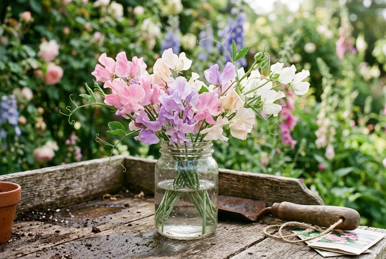 Wedding flowers sweet peas freshly cut in a vintage glass jar on a potting bench