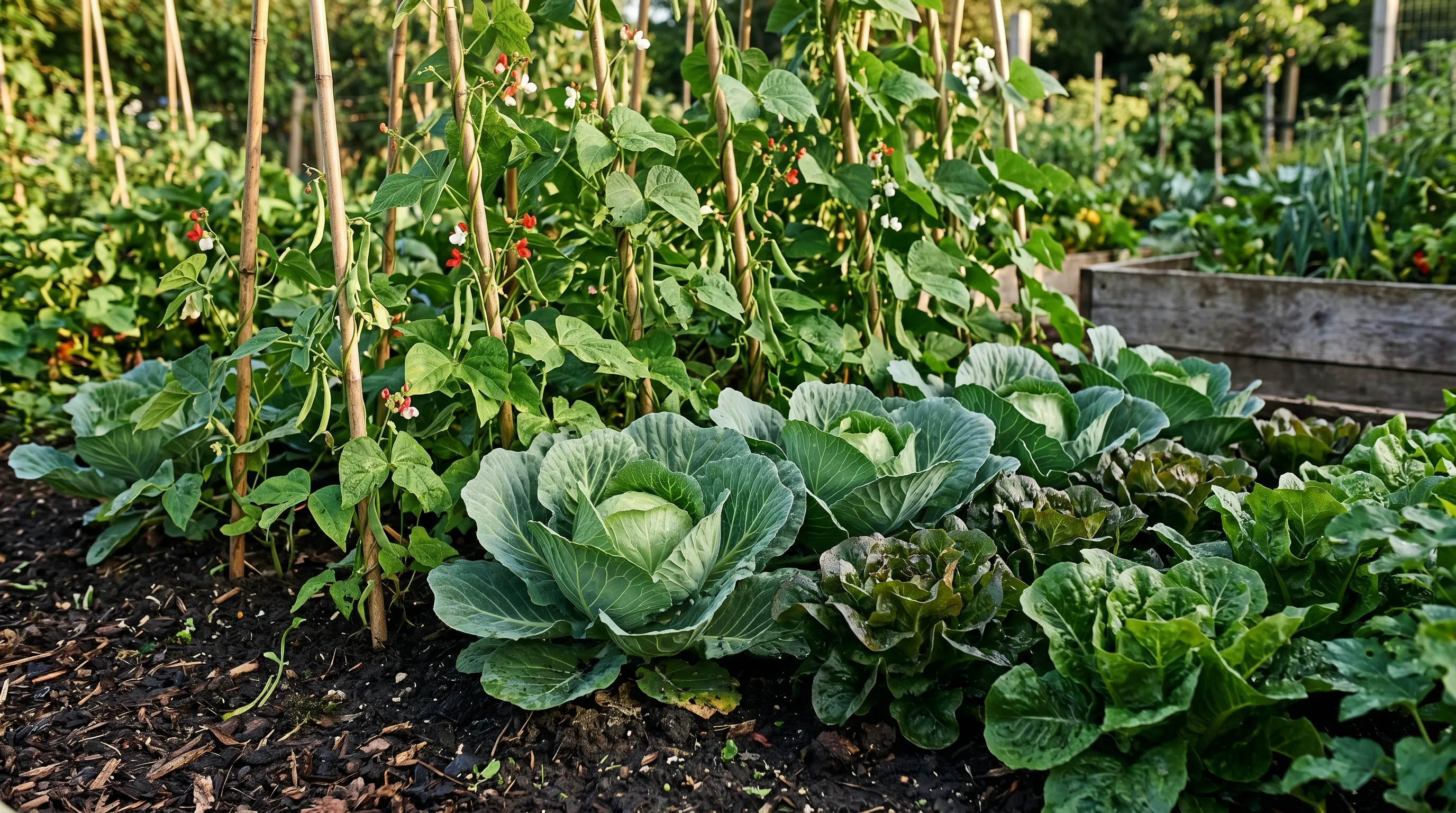 Healthy thriving UK vegetable garden bed in midsummer showing well-fed cabbages, dark green lettuce, and runner beans climbing canes with fertile dark soil at the base