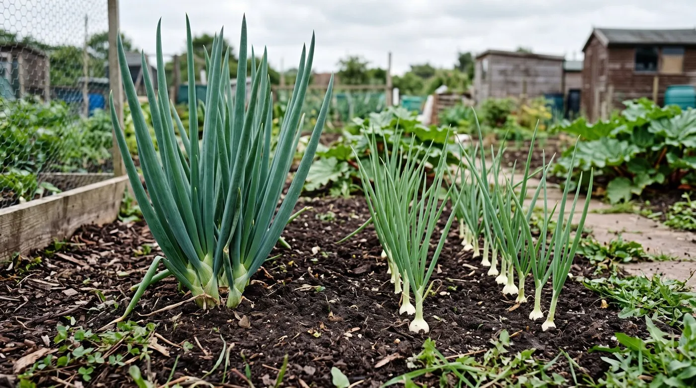 Side-by-side comparison of a Welsh onion clump with many hollow leaves next to a row of single-stemmed spring onions