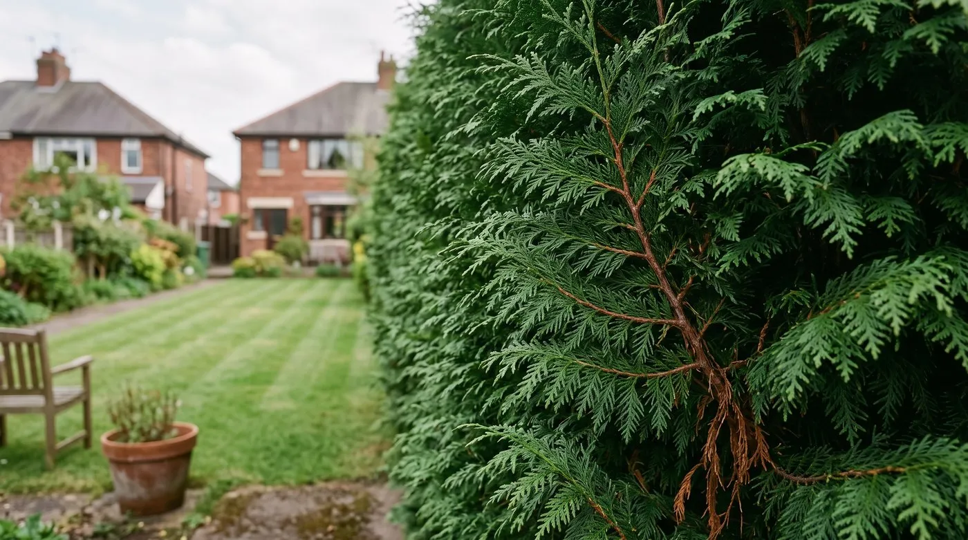 Western red cedar hedge with flat scale-leaf sprays screening a red brick suburban garden boundary