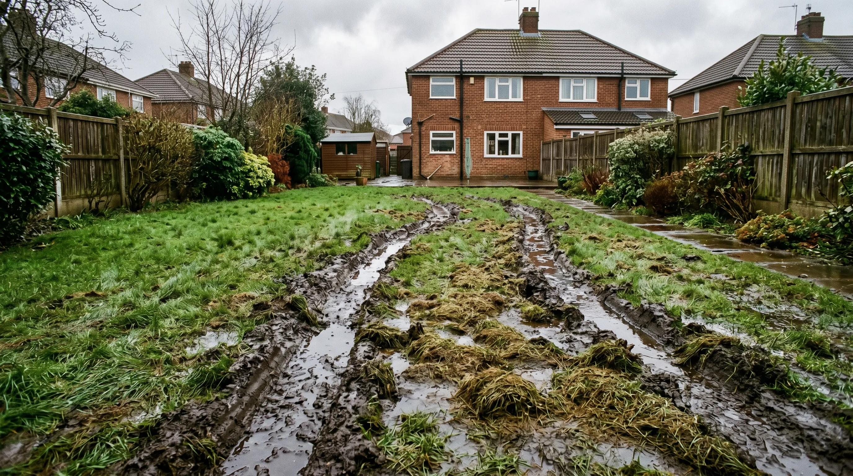 Waterlogged UK lawn showing deep muddy mower wheel ruts and clumps of wet grass clippings
