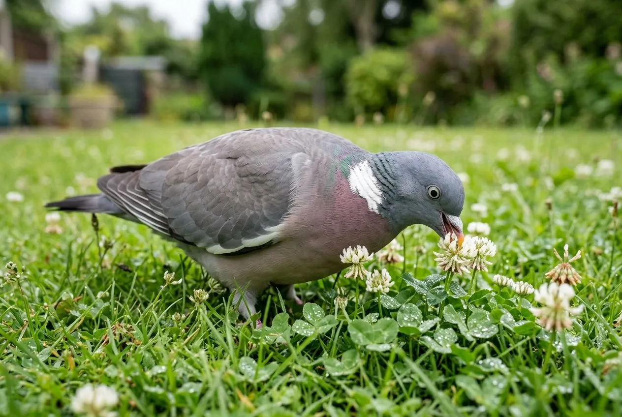 A close-up of a wood pigeon pecking white clover flowers on a suburban Staffordshire lawn in June