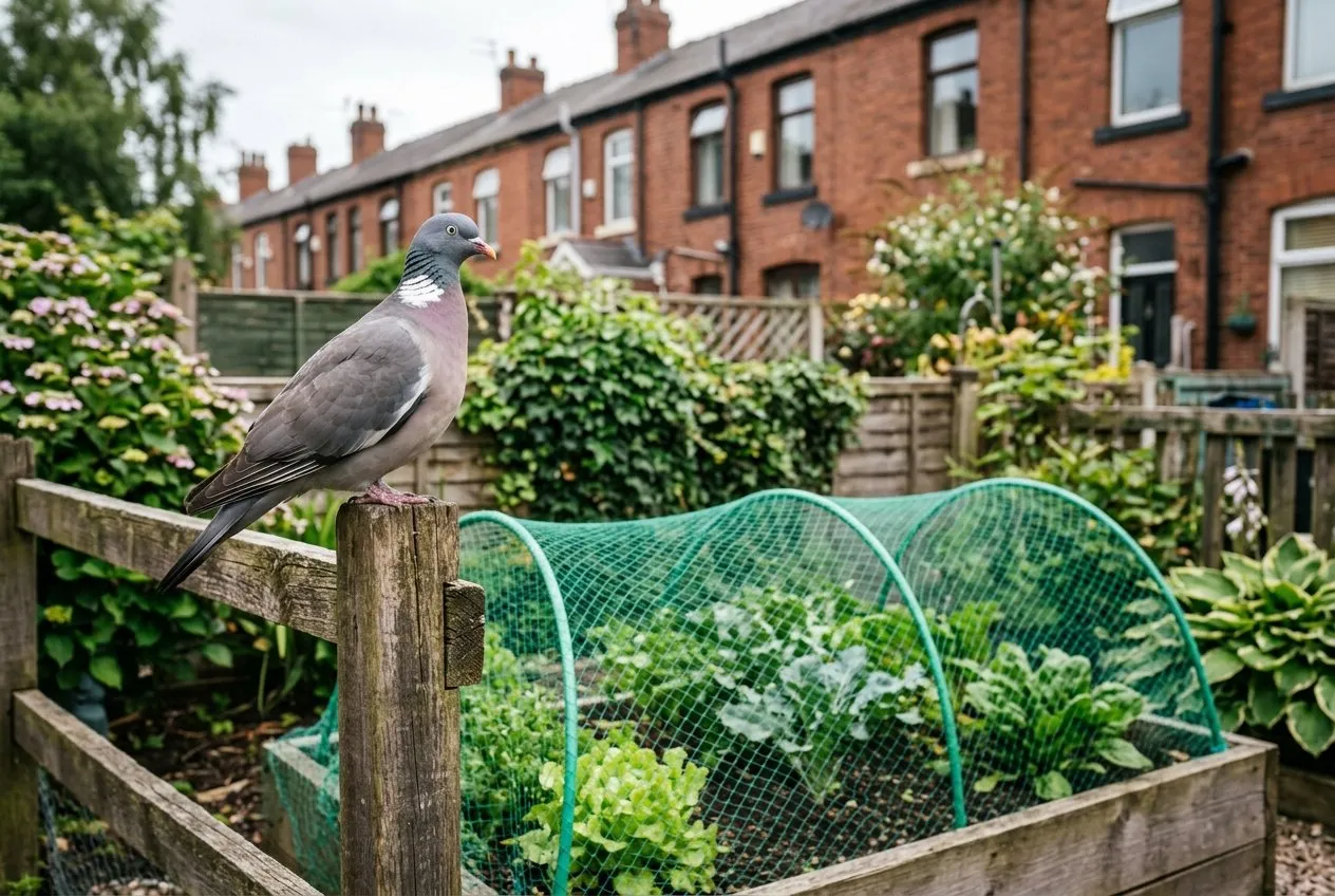 A wood pigeon perched on a fence above a vegetable plot in a terraced city garden in Manchester
