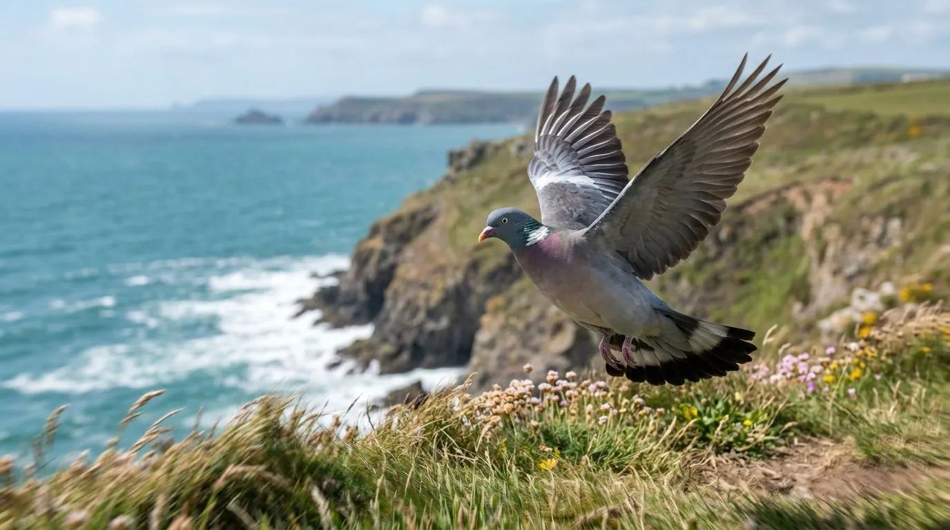 A wood pigeon taking off from a seaside lawn in Devon, showing the white wing bars clearly in flight