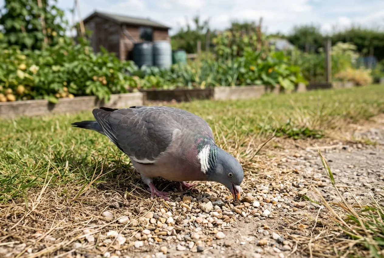 A wood pigeon pecking grit from a gravel path edge beside a lawn in an allotment garden in dry July weather