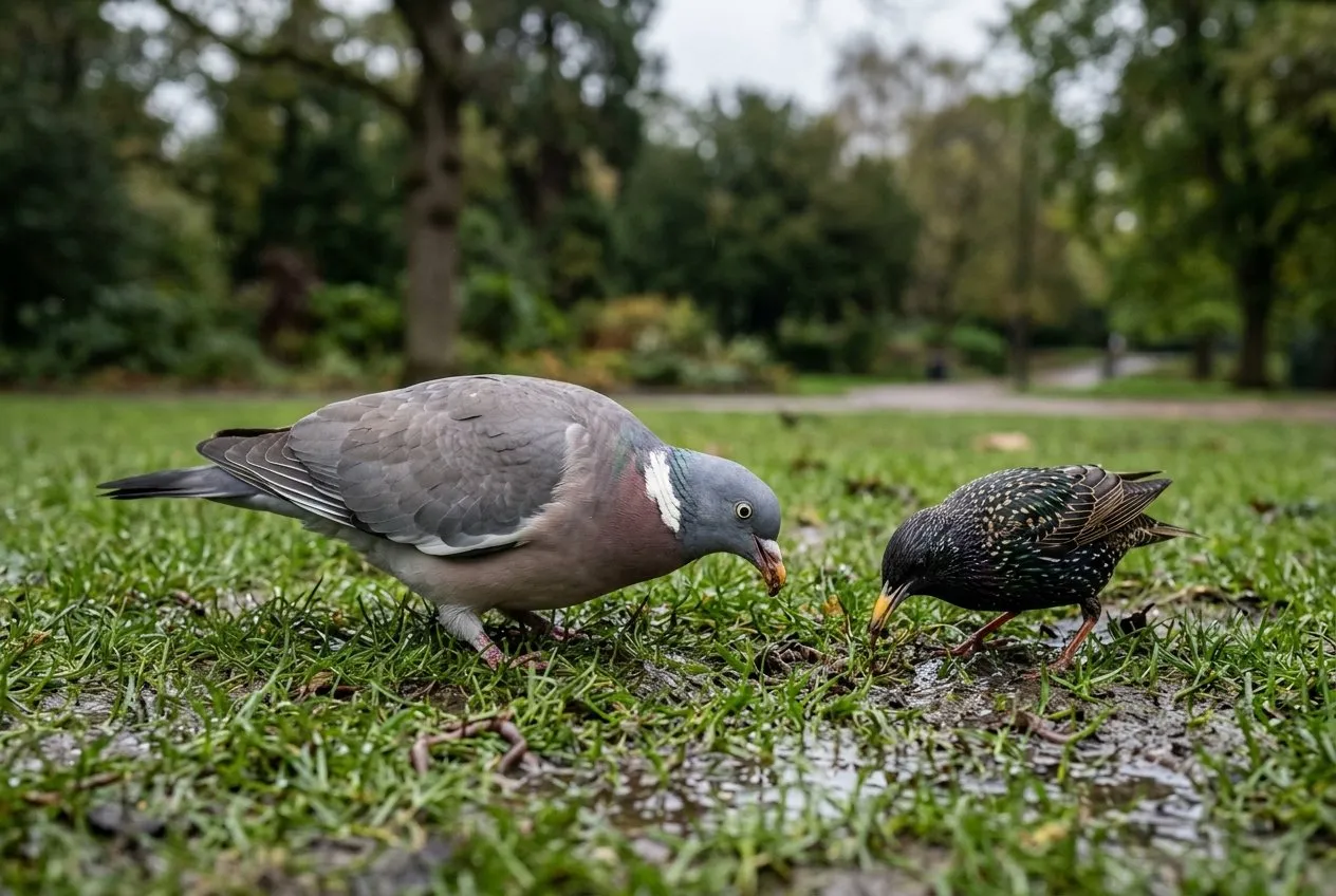 A wood pigeon and a starling feeding side by side on a damp city park lawn after rain in Birmingham