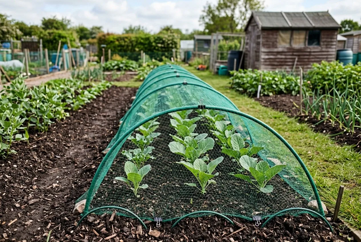 A row of brassica seedlings protected by fine netting stretched over green hoops on a Staffordshire allotment