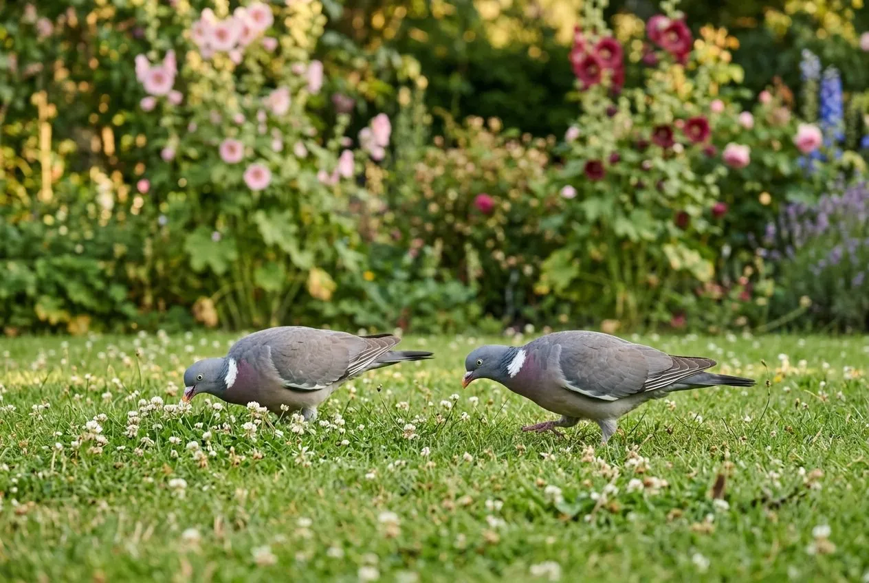 Two wood pigeons grazing on a wide cottage garden lawn dotted with clover in Staffordshire late summer