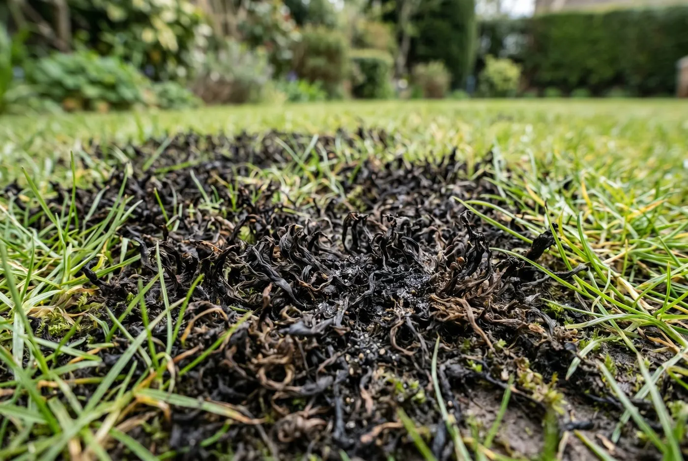 Moss turned black two days after a lawn sand treatment on a Welsh hillside plot