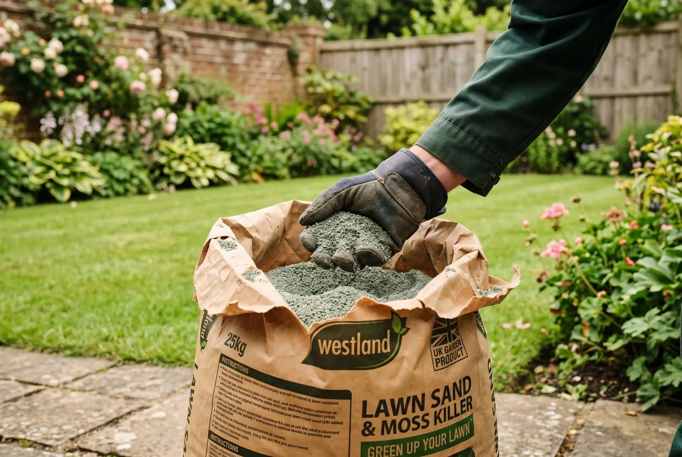 A close-up of an iron sulphate bag and granules on a kitchen scale in a garden shed