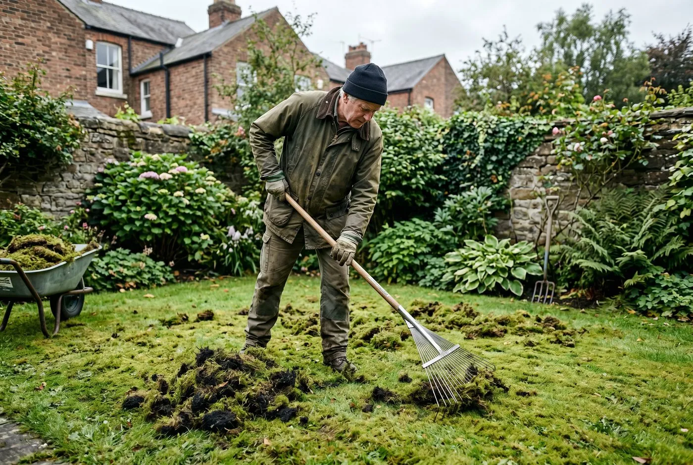 Dead blackened moss being raked out of a suburban back garden lawn two weeks after treatment