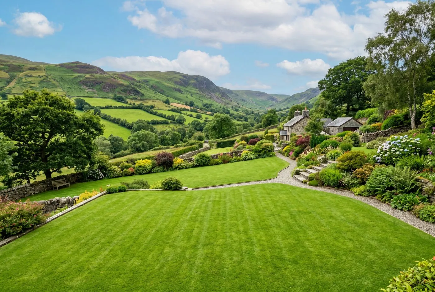 A thick, recovered green lawn in a suburban garden weeks after a lawn sand treatment