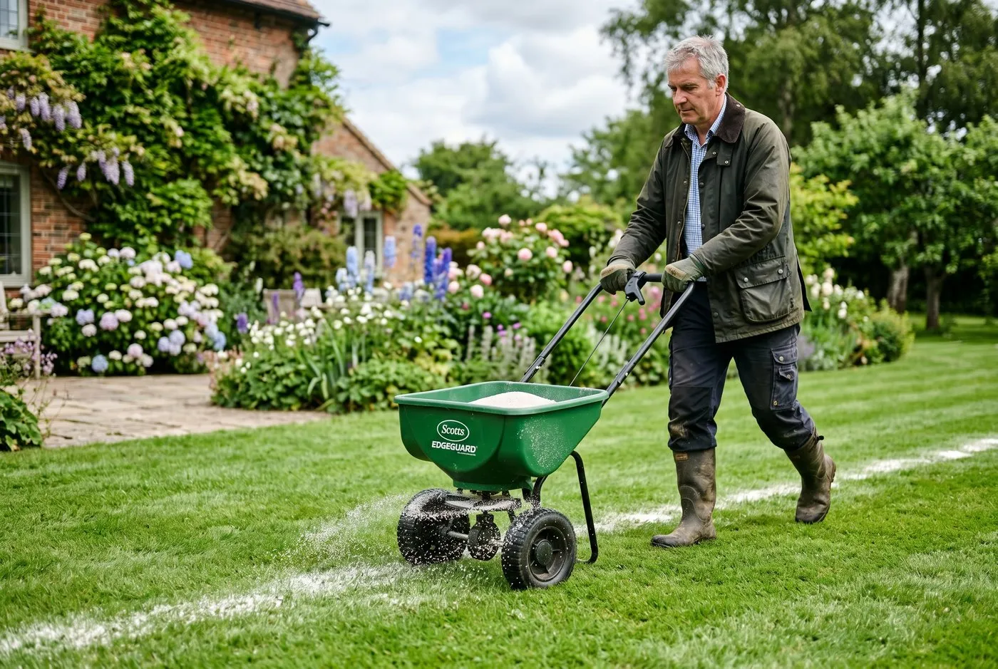 Lawn sand applied evenly with a spreader across a shaded north-facing town garden