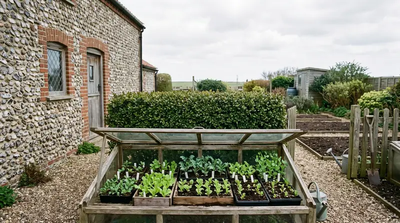 What to do in the garden in April, a Norfolk seaside garden with seedlings in a cold frame and a windbreak hedge behind