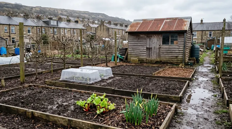 What to do in the garden in February: a Sheffield allotment with bare beds, cloches