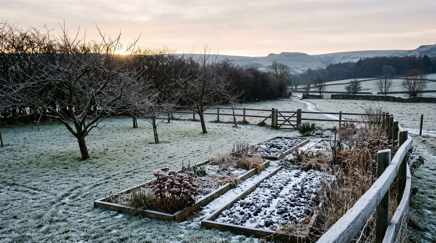 What to do in the garden in January: a frosted Derbyshire garden at first light with bare fruit trees, frozen borders and a dusting of snow