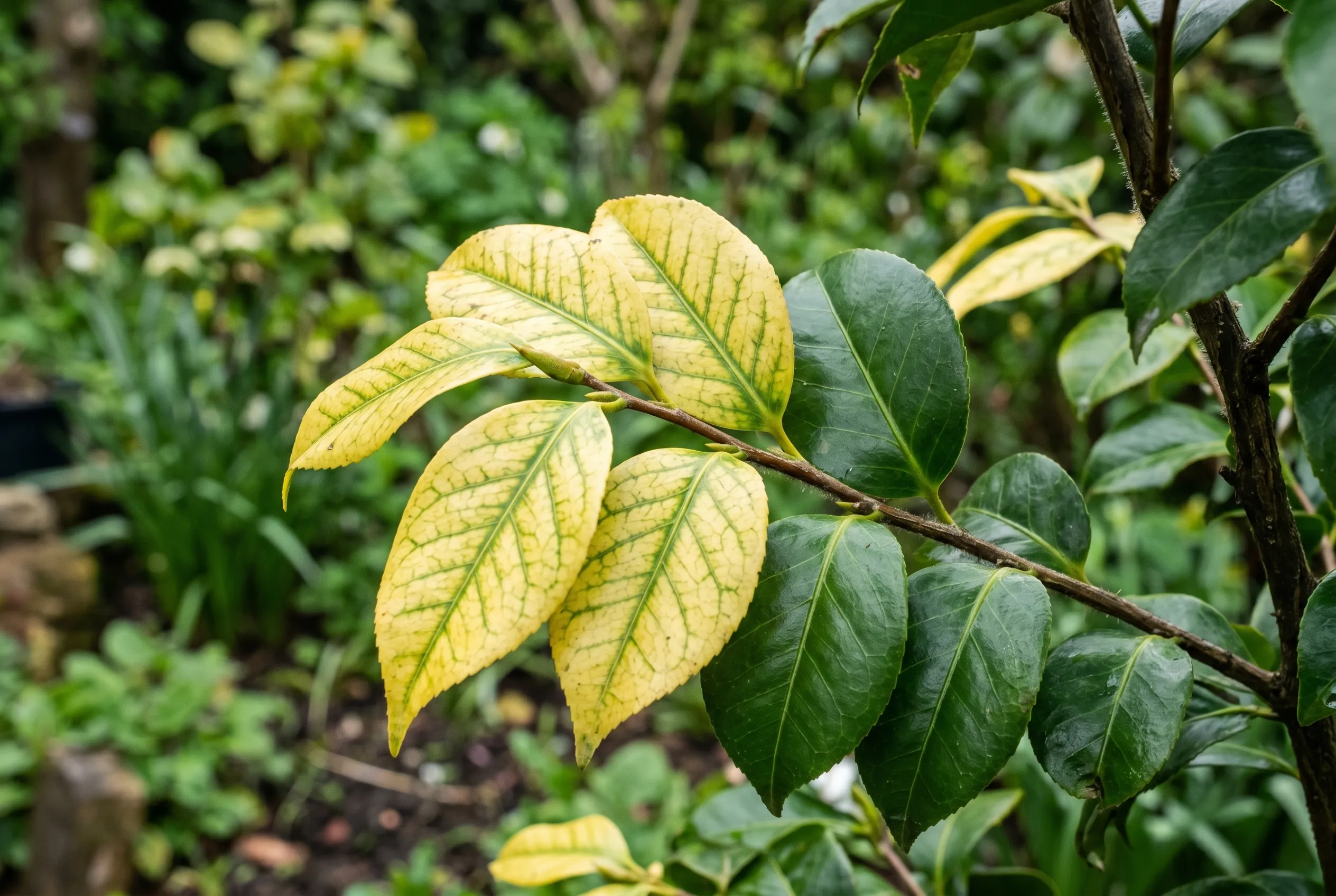 A camellia branch with yellowing leaves showing green veins, a sign of lime-induced chlorosis, beside healthy dark green leaves