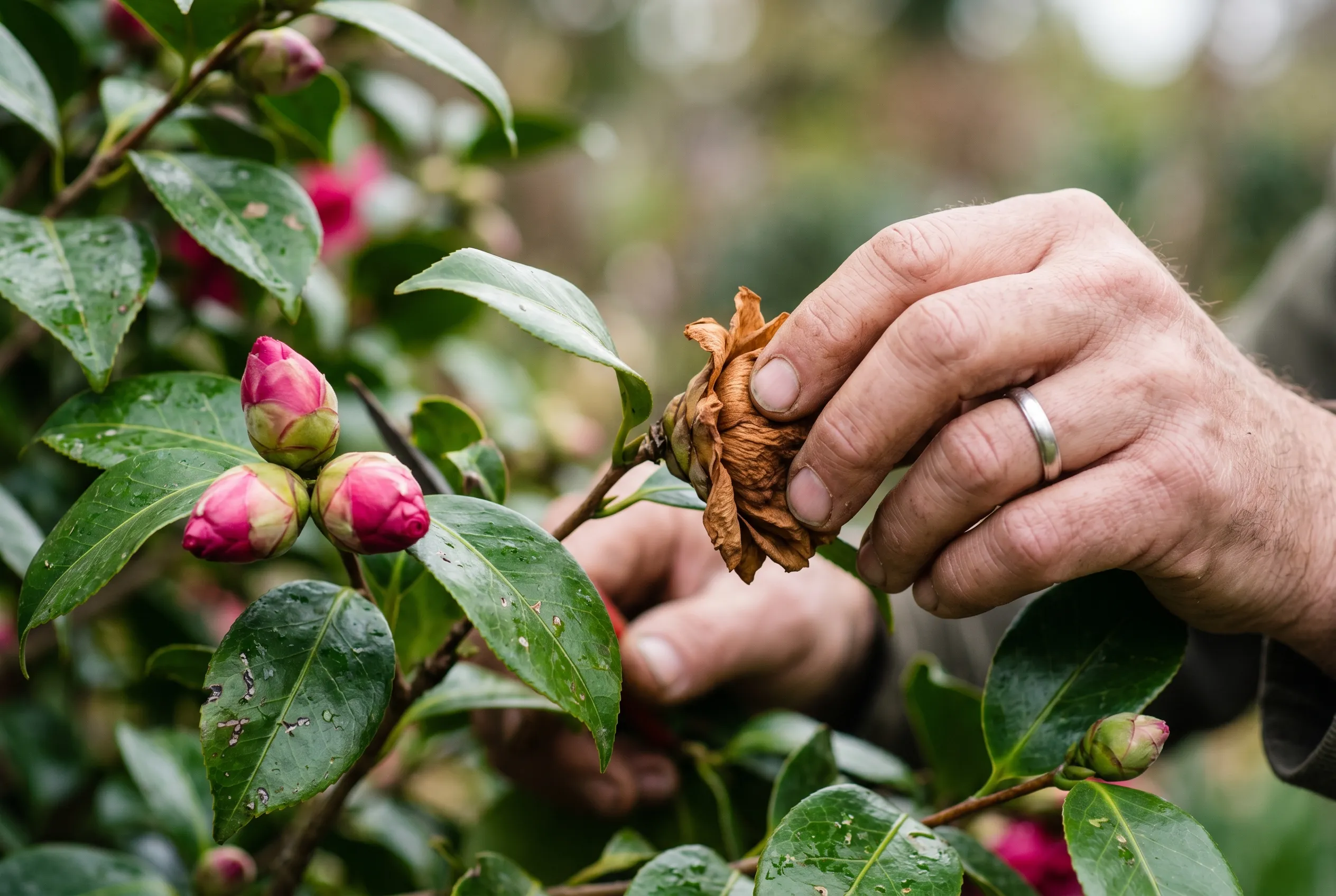 A gardener's hand picking a faded brown spent flower from a glossy green camellia shrub