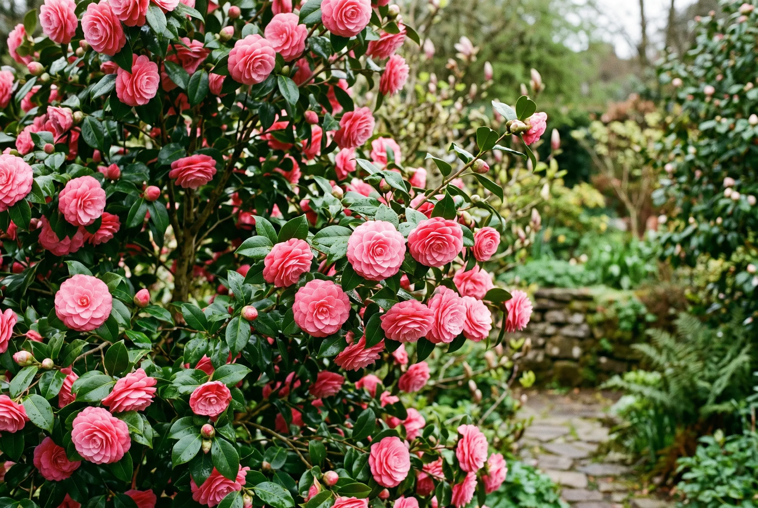 A camellia in full healthy bloom covered in rose-pink double flowers against glossy dark evergreen leaves