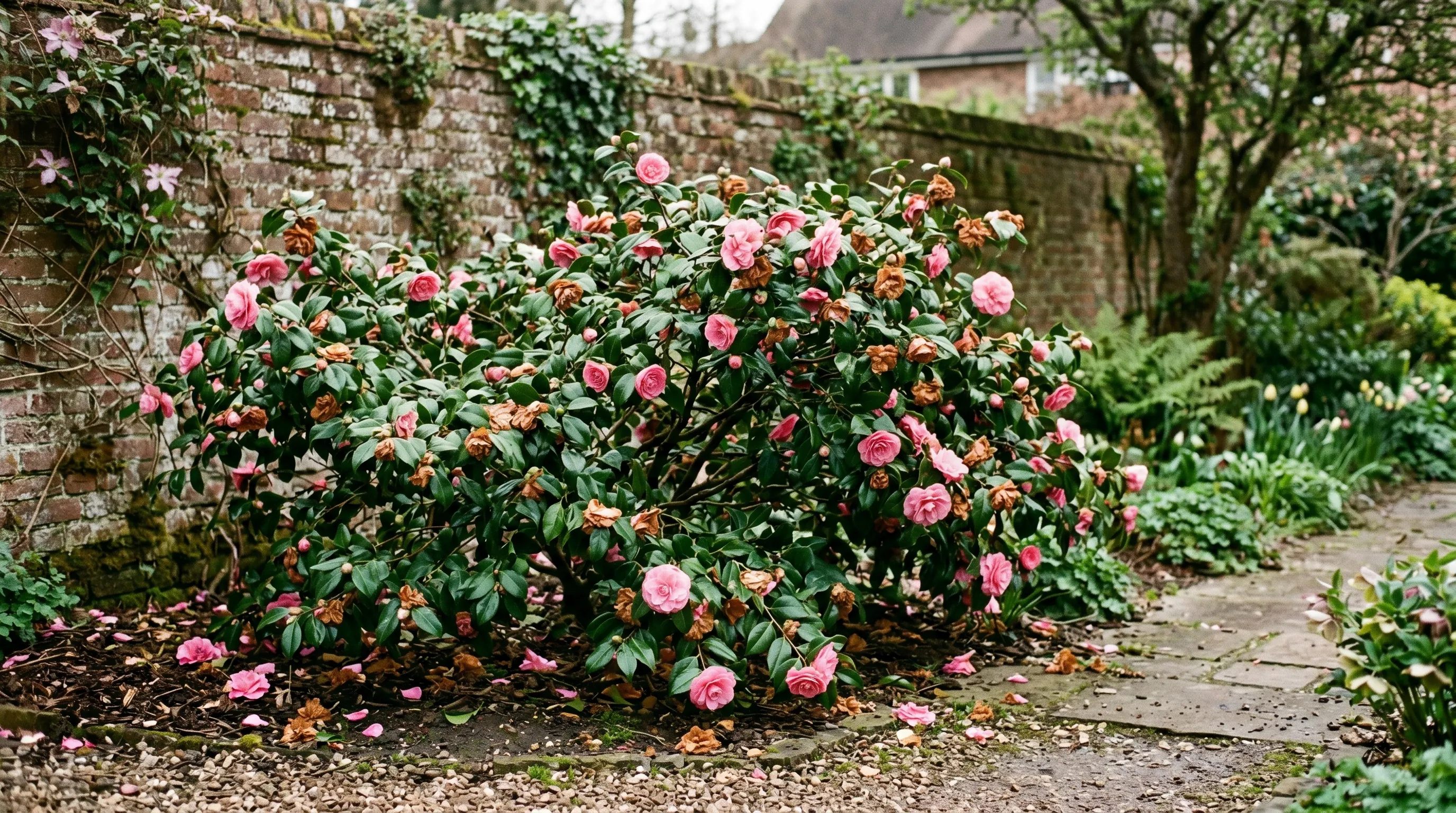 Established camellia shrub in a UK garden at the end of flowering with glossy leaves and a mix of fresh and faded blooms