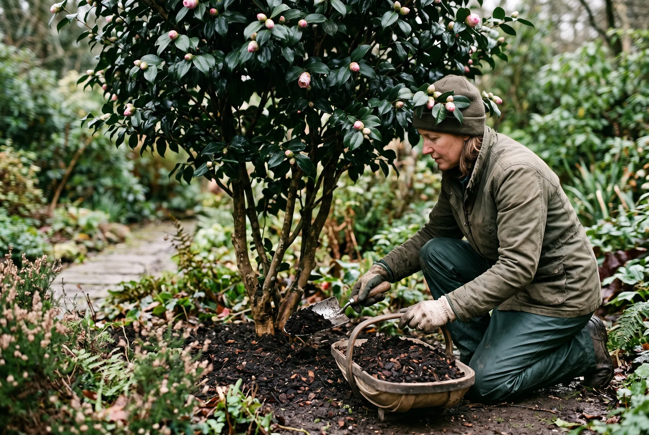 A gardener spreading an ericaceous mulch around the base of a camellia shrub with a trowel
