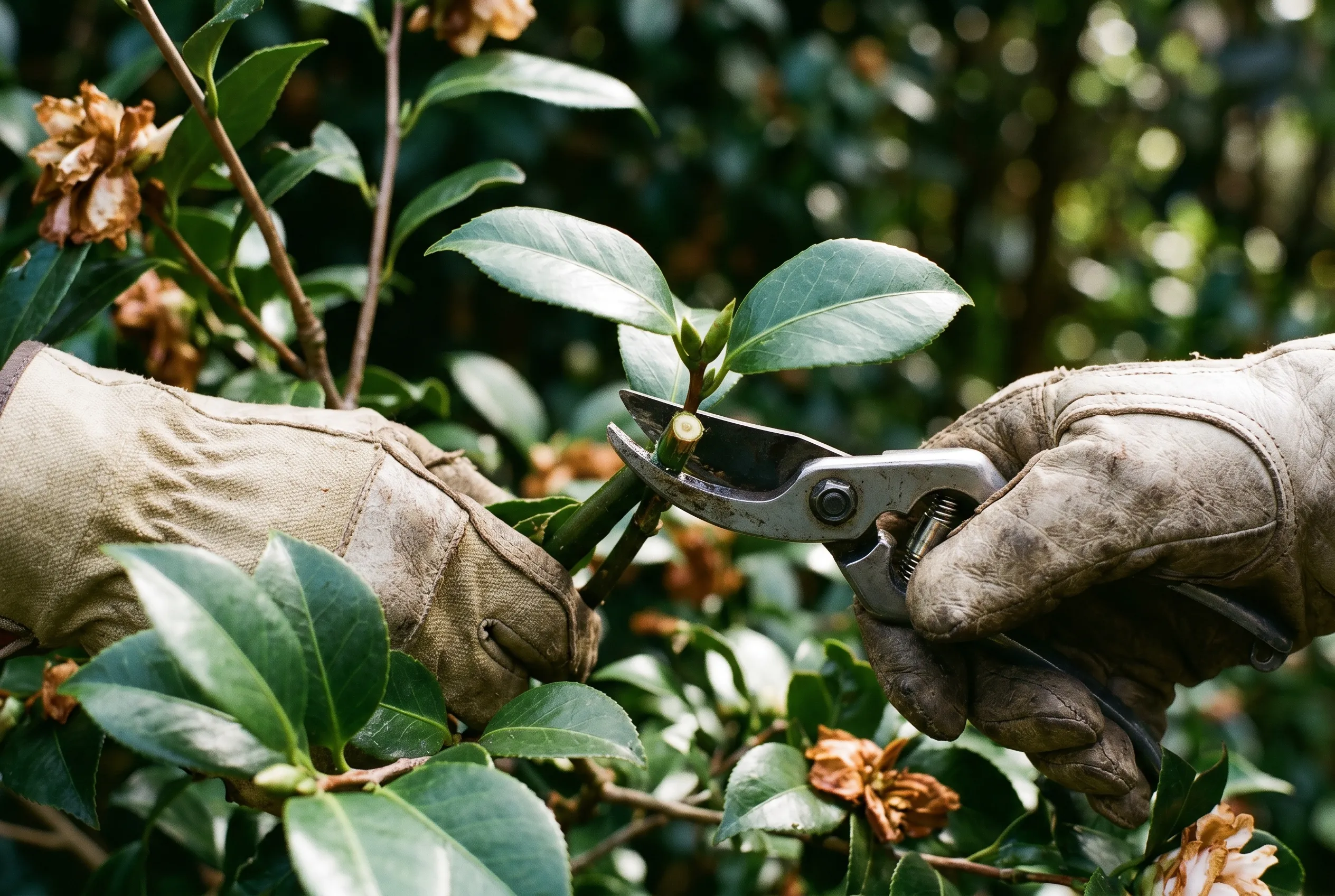 Secateurs making a clean pruning cut on a camellia stem above a leaf node after flowering