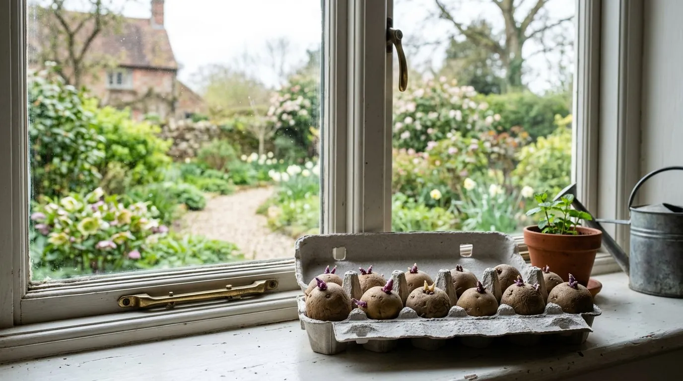 Seed potatoes chitting in an egg box on a bright windowsill with visible sprouts