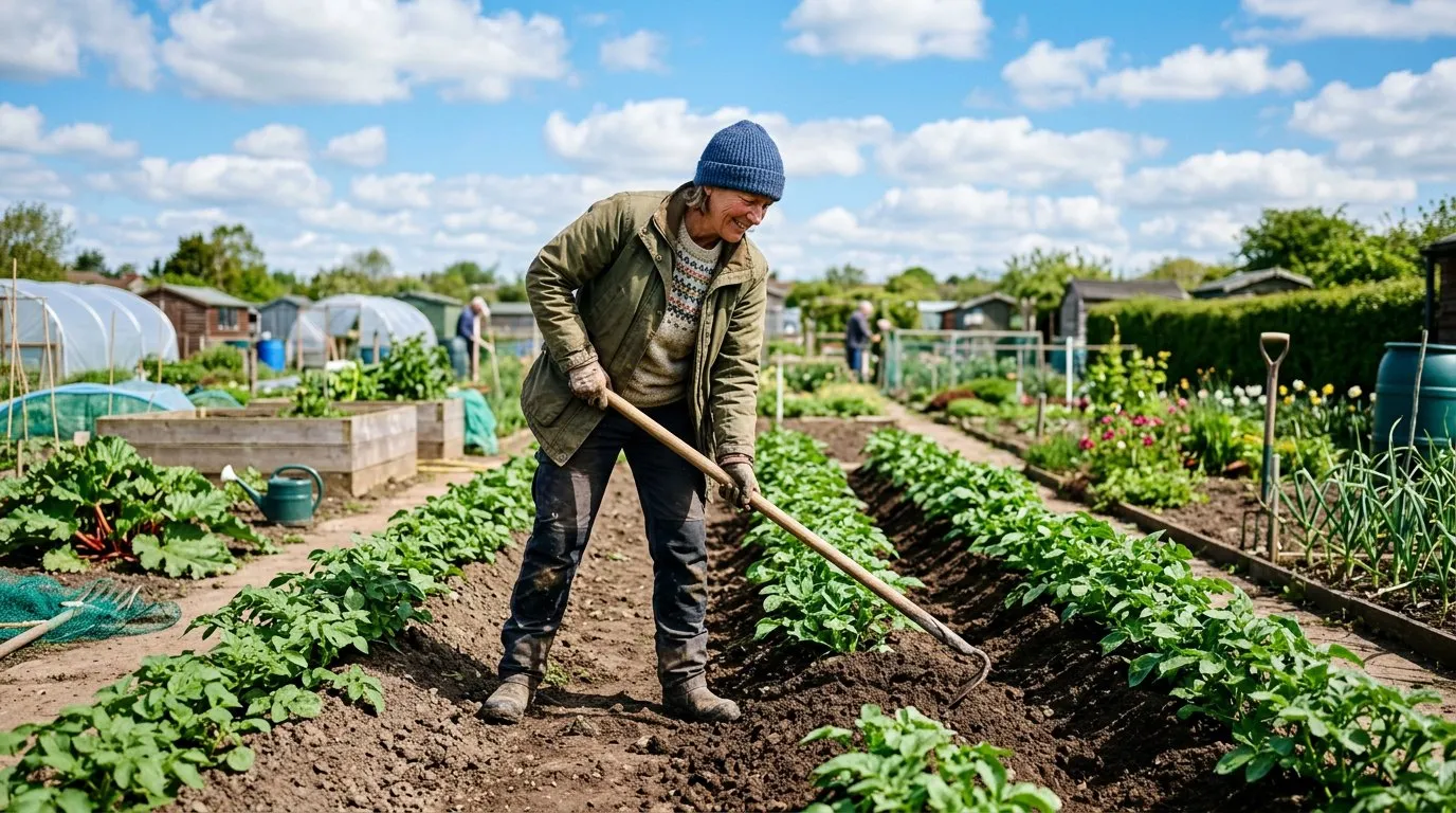 Gardener earthing up potato plants with a draw hoe in neat rows