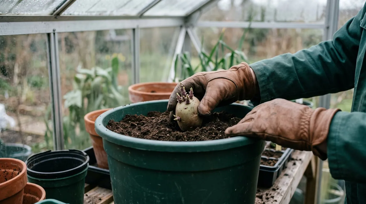 Gloved gardener planting a chitted seed potato in a large greenhouse container